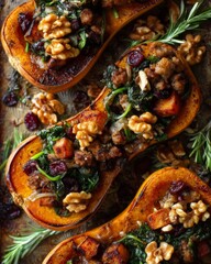 Fototapeta premium Delicious roasted butternut squash filled with savory stuffing featuring spinach walnuts and cranberries perfect for a healthy festive meal. Generative AI