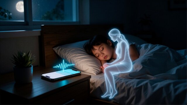 Child sleeping in bed with glowing digital avatar and sleep tracker