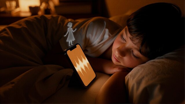 Child sleeping with smartphone playing bedtime story and glowing figure