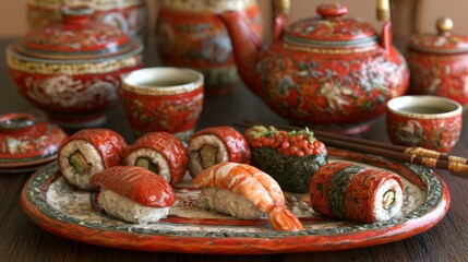 Fototapeta premium Colorful Sushi Platter with Traditional Japanese Tableware and Decorative Teapot Set Showcasing Fresh and Delicious Sushi Varieties for Culinary Art