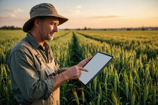 Farmer in hat using digital tablet in green wheat field at sunset