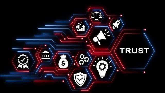 Trust digital concept with hexagonal network business integrity and corporate reliability animation on black background