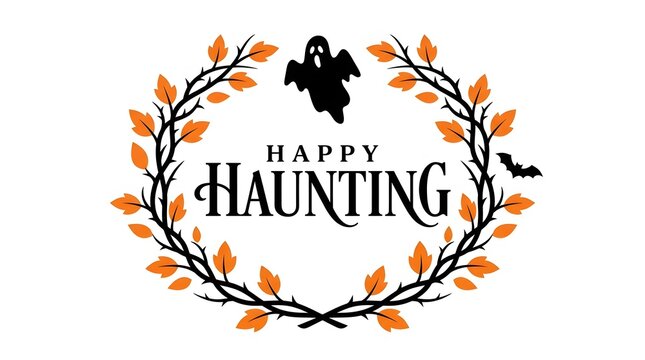Happy haunting festive lettering surrounded by autumn leaves and a silhouetted bat