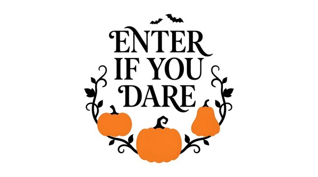 Enter if you dare halloween typography with pumpkins and bats isolated on white