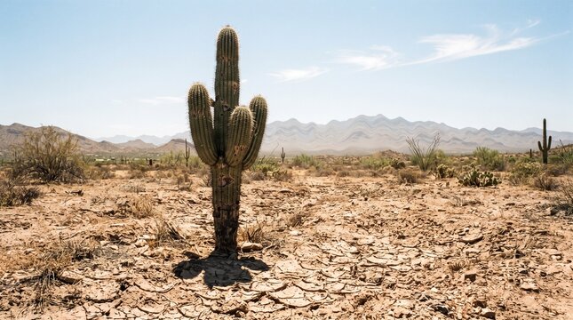 Majestic Saguaro in Arid Landscape: A towering saguaro cactus stands solitary against a backdrop of parched earth and distant mountains under a clear blue desert sky.