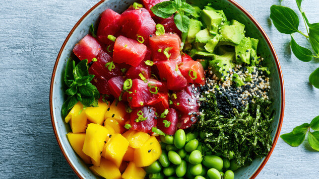 delicious colorful hawaiian poke bowl with tuna and mango