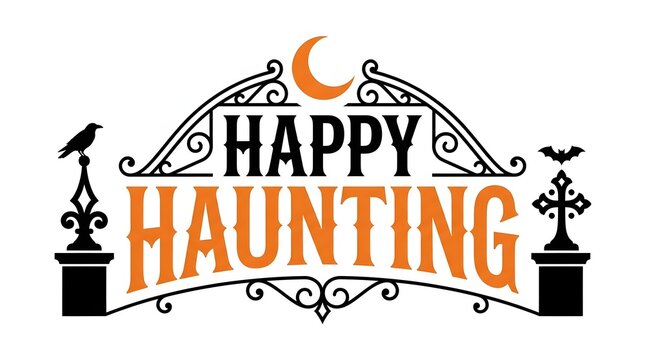 Happy haunting halloween graphic with crescent moon ravens and decorative elements