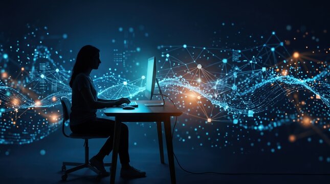 Silhouette of woman working at computer desk surrounded by glowing blue data waves and network nodes, big data processing, artificial intelligence and coding background concept