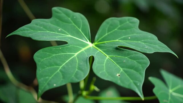Lush Green Tropical Leaf Close-up with Detailed Veins and Soft Bokeh Background ideal for nature documentaries and environmental projects.