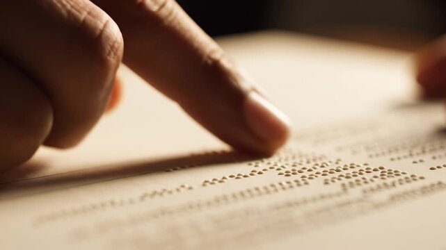 Macro close-up of an index finger smoothly following each Braille line, gently reading raised dots with precise movement. Slow lateral tracking shot highlights tactile reading and Braille literacy.