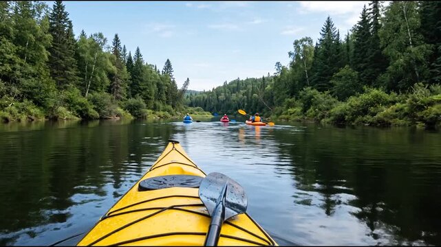 POV of kayaking on a calm river with a group of friends paddling ahead through a scenic green forest