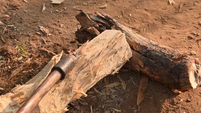 A person using a traditional hand axe to hew a rough wooden log resting. Traditional manual wood-chopping axe with a metal head and wooden handle. Its Commonly used in rural and village settings.