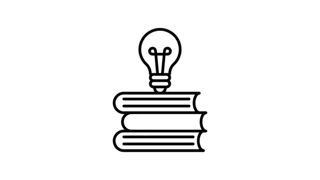 Stack of books with glowing lightbulb idea concept black line drawing.