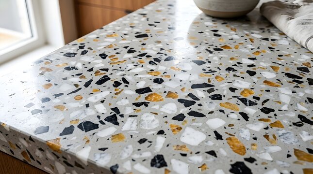 Close view of a speckled terrazzo surface with colorful stone chips, showcasing decorative flooring, modern architecture, interior design, texture, pattern, and construction.
