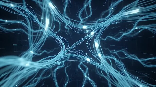 Abstract digital data tendrils weaving through glowing space