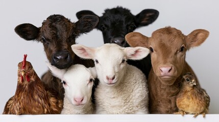 Obraz premium The Farm Animals Portrait Featuring Sheep Chickens and a Curious Cow