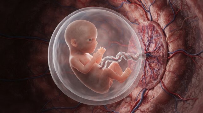 Close-up of human embryo development in uterus illustration