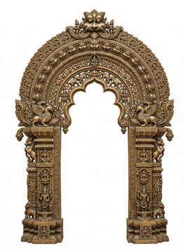 Intricately layered South Indian temple arch with floral reliefs and antique bronze ornamentation