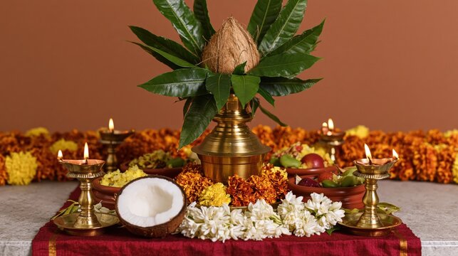The Coconut and Brass Lamp Altar Adorned with Marigold Garlands and Offerings