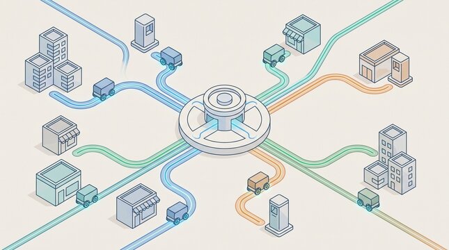 Automated logistics network isometric illustration with delivery robots, central hub and city buildings. Perfect for smart city infographics, supply chain presentations, and tech startup web design.