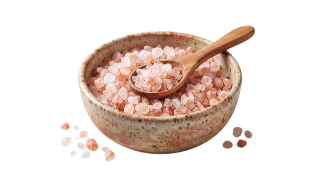 Pink himalayan salt crystals in a wooden bowl with spoon as PNG element