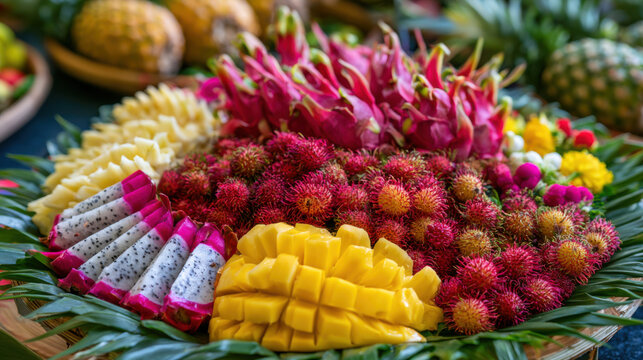colorful thai tropical fruit platter with dragon fruit