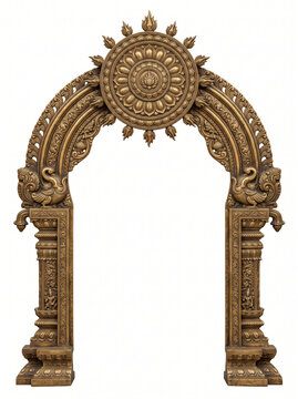 South Indian temple torana with sacred chakra crown and intricate antique bronze carvings