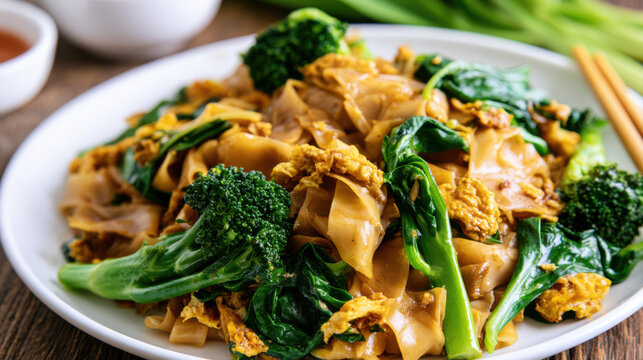 thai pad see ew with wide rice noodles and chinese broccoli