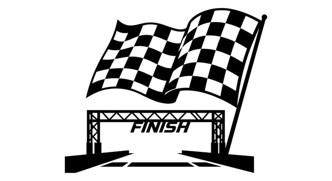 Checkered racing flag waving above a finish line structure black and white silhouette