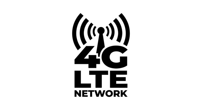 Black silhouette of cellular tower with 4g lte text on white background