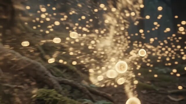 Glowing spores drifting in a muted forest atmosphere