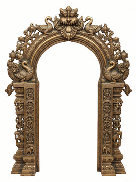South Indian temple torana with sculptural animal motifs and intricate antique bronze reliefs