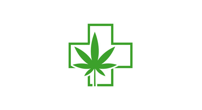 Green medical cross icon with a cannabis leaf symbol for healthcare and alternative medicine.
