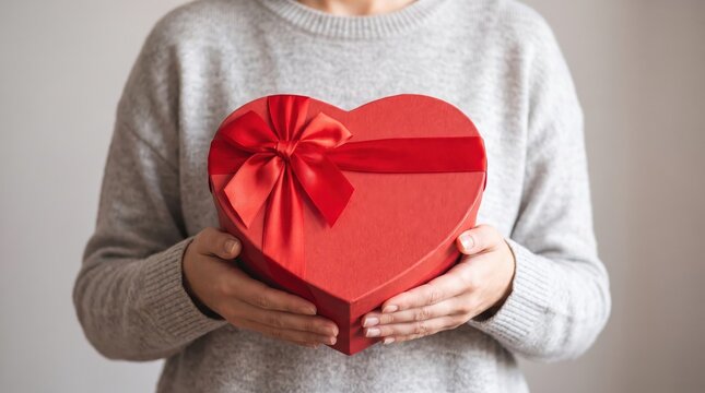 Female hands presenting a red heart box for Valentine's Day, anniversary, or romantic holiday celebration concept.