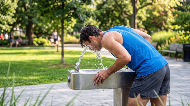 Man splashing face and drinking cold water from public fountain during hot European summer heatwave in green city park.