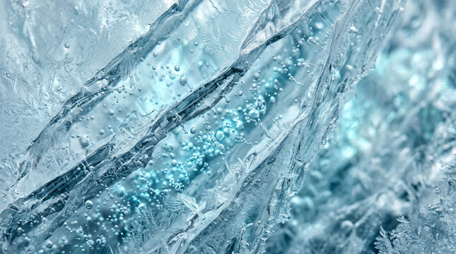 Macro close up of cracked frozen glacier ice block with trapped blue air bubbles presentation background template
