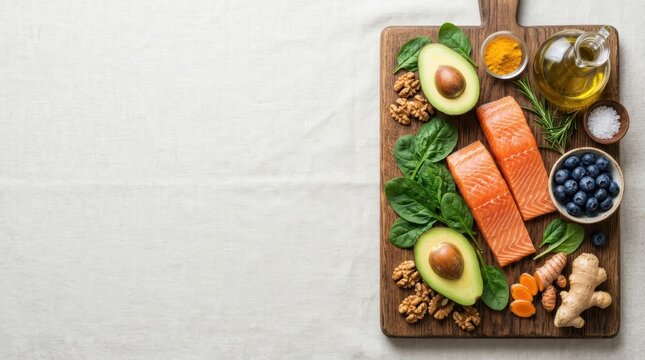 Healthy Superfoods and Fresh Salmon Fillets for Keto Diet