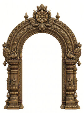 Refined South Indian temple arch with circular medallion and detailed bronze ornamentation