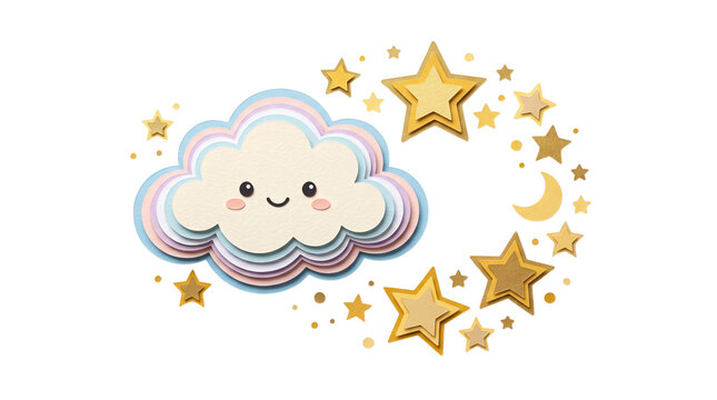 Cute smiling cloud with pastel rainbow layers and shiny gold stars and crescent moon isolated on white background