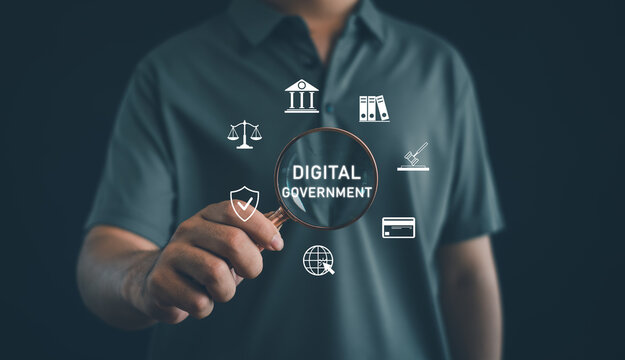 Digital government concept featuring a business professional with a magnifying glass, symbolizing e-government, public services, governance, law, transparency, compliance, and digital transformation.