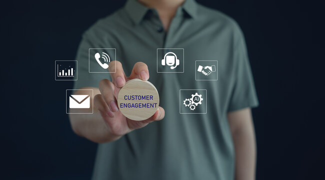 Customer engagement strategy with AI support, omnichannel communication, CRM, customer service, analytics, and digital experience concept for business growth and relationship management.