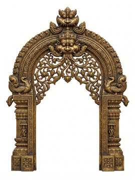 South Indian temple torana with intricate floral canopy and antique bronze relief carving