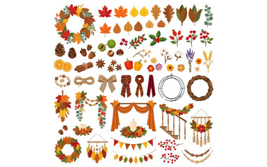 Fototapeta premium Autumn leaf icons set, fall harvest wreaths collection, thanksgiving decorations, seasonal elements, nature doodles isolated on White Background