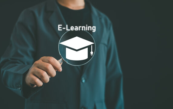 E-learning and digital education concept featuring a business professional examining a graduation cap with a magnifying glass, symbolizing online learning, knowledge, and academic research.