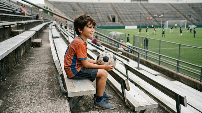 A young boy in an orange soccer jersey sitting on concrete and metal bleachers holding a ball while watching a soccer match in a large outdoor sports stadium during the daytime.