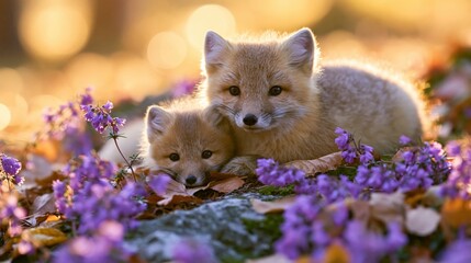 Naklejka premium The Fox Cubs Among Purple Flowers in Golden Sunset Light