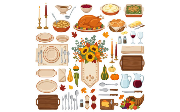 Thanksgiving dinner set with roasted turkey, sunflowers, and autumn harvest feast. Holiday table setting with dishes, candles, cutlery, and seasonal vegetables. Warm food icon collection.
