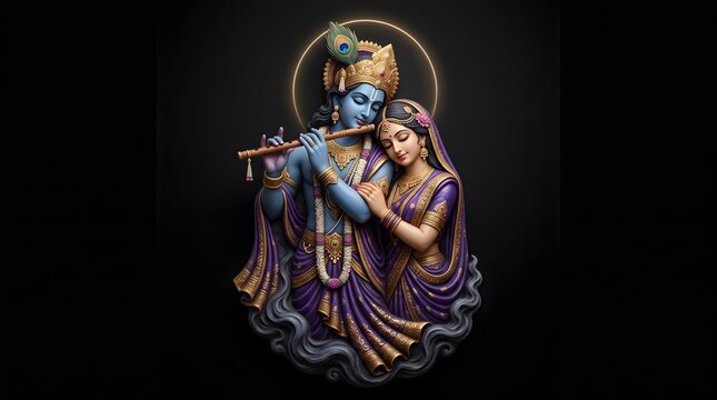 Krishna and Radha divine union purple fabric black background wall decor.