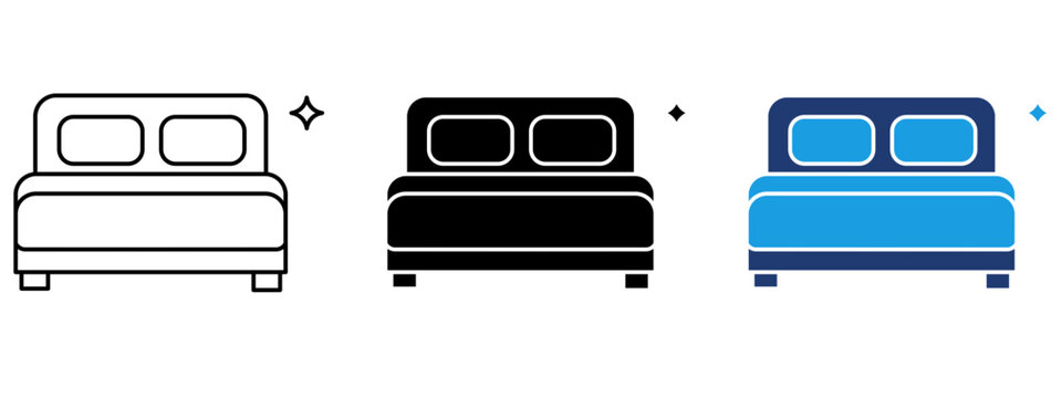 Double bed icon set with pillows and headboard. Symbol of hotel room, bedroom furniture, sleep, accommodation, guest house, motel booking, stay, line, solid, and duotone vectors.