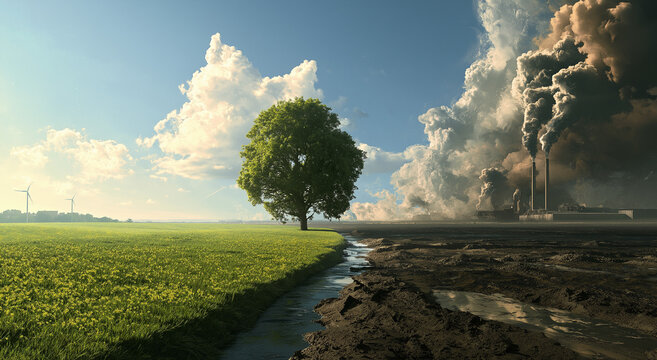 a digital painting depicting a landscape divided into two opposing environmental states.